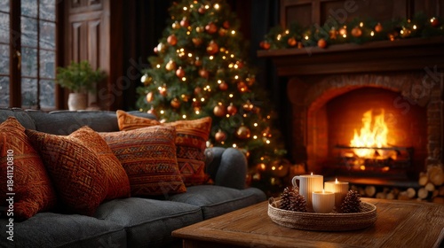Warm and inviting christmas scene with a cozy fireplace and decorated tree. A sofa with pillows in front of the fireplace creates a relaxing atmosphere