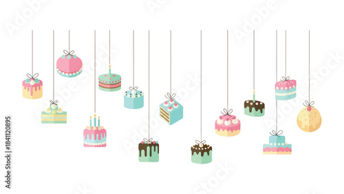 Sweet Hanging Cakes: A delightful assortment of colorful cakes, each a miniature masterpiece, suspended elegantly against a clean backdrop, creating a whimsical and appetizing display.