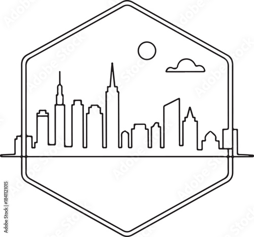 Continuous Line Art Skyline Inside Minimal Hexagon Frame in Simple Contour Outline Style