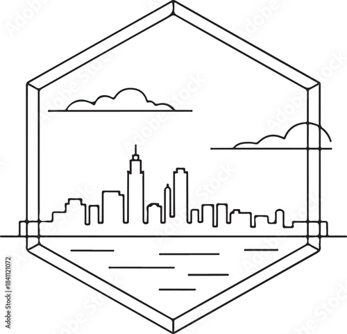 Continuous Line Art Skyline Inside Minimal Hexagon Frame in Simple Contour Outline Style