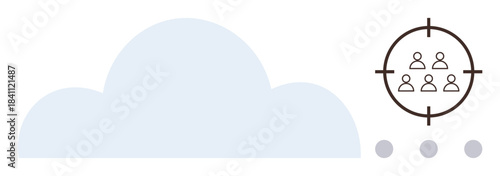 Large cloud on the left with group of people inside a target on the right. Ideal for digital marketing, networking, cloud computing, teamwork, remote communication, analysis, technology. Simple flat