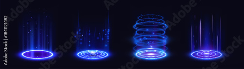 Magic portal podium with neon light rings and hologram effect on dark background. Futuristic teleport with blue glow and energy beams. Digital magic circle with radiant aura and cyber tech design.
