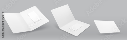 Hotel keycard mockup with blank white plastic card and protective paper holder on gray background. Realistic 3D room key template with shadow for branding, membership or gift certificate design.