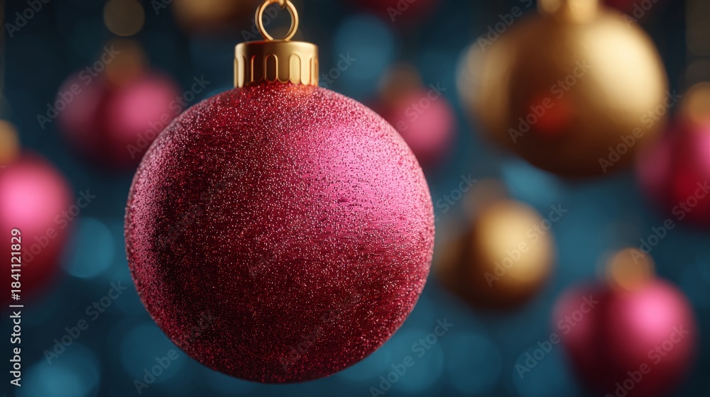 Fototapeta premium Christmas decorations in close-up shot of a red ornament. With others golden ornaments and teal background, creating a festive holiday atmosphere