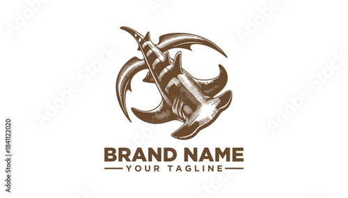 Dynamic hammerhead shark vector icon illustration, a marine engraving logo concept for ocean themes.