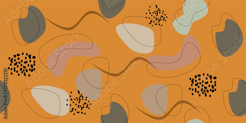 A seamless abstract pattern with warm orange tones, soft organic shapes, and dynamic flowing lines. This modern artistic design delivers an energetic yet balanced look, perfect for packaging, fabric.