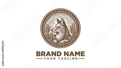 Desert Fox and Saguaro Cacti Engraving Vector Illustration, a Classic Animal Icon Logo Emblem