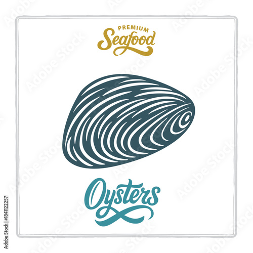 Hand drawn oysters in vintage engraving style with premium seafood and oysters lettering. Classic design for seafood branding themes. Perfect for menus, labels, and packaging. Part of set.