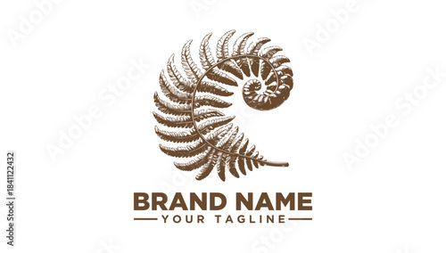 Botanical fern frond logo vector illustration, an intricate engraving icon design.