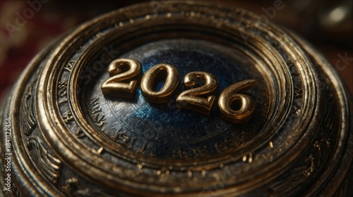 Close-up view of the year 2026 written on a golden, ornamented object. The object has a circular form and an engraved, aged design, possibly from a vintage collection