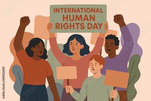 Human Rights Day concept art showing raised hands of different skin tones emerging from shadows into light, representing justice, freedom, and dignity, dramatic lighting, cinematic style