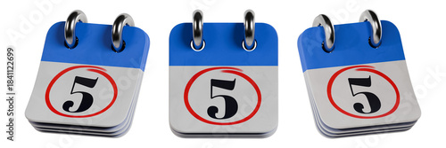 3D Illustration of blue desk calendar icon showing number 5 with red circled date marker on white page, metallic rings, isolated on transparent background

