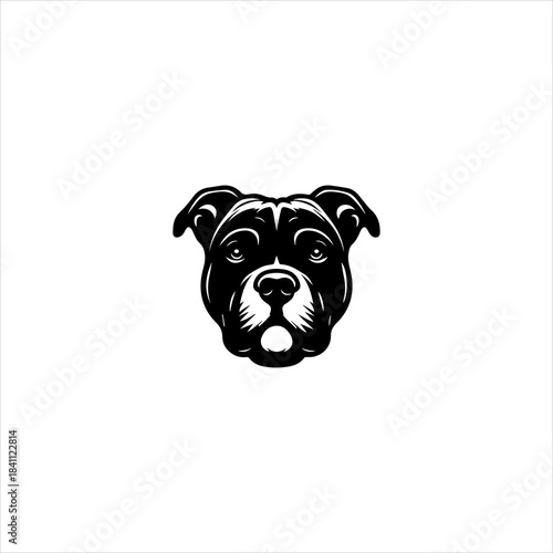 Pitbull head silhouette shaped into a strong black vector emblem design. Animal icon concept
