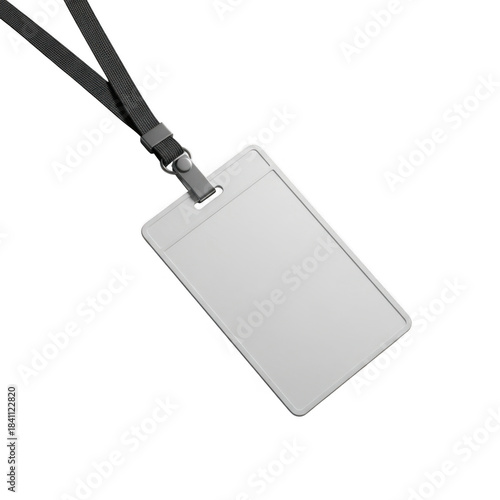 Id card holder with blank white badge and lanyard isolated on transparent background