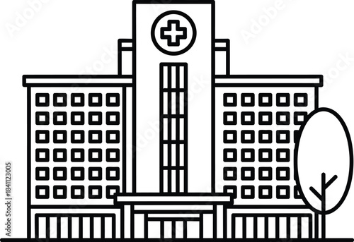 Modern hospital building with a large cross symbol on tower, icon style illustration, healthcare facility outline