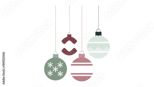 Festive Ornaments: Minimalist composition of four hanging Christmas ornaments, each adorned with a unique design, set against a pristine backdrop, creating a simple holiday mood.