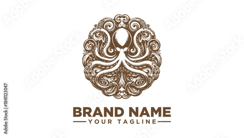 Ornate Octopus Marine Creature Vintage Logo Vector Illustration with Intricate Baroque Swirling Patterns, Elegant Aquatic Design for Branding
