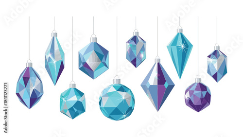 Festive Ornament Crystals: A shimmering display of hanging crystal ornaments, each uniquely faceted to catch the light, creating a sparkling and joyful atmosphere of the winter holidays. 