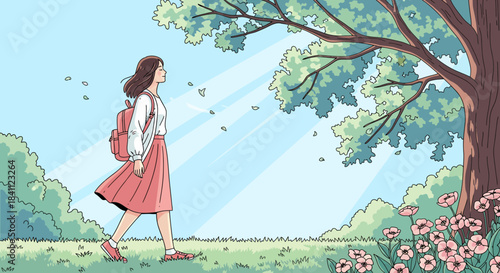 A young woman with a backpack walks through a sun-dappled park with trees and flowers.