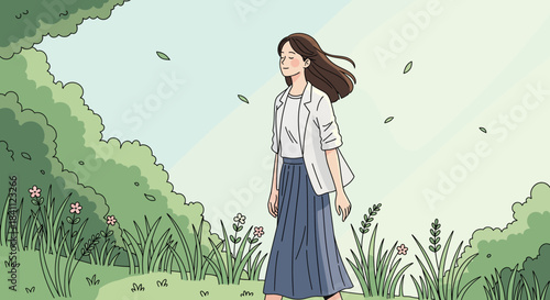 A young woman with brown hair walks peacefully through a serene green park with trees, grass, and falling leaves on a breezy day.
