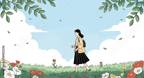 Young woman walking alone in a serene field with flowers.