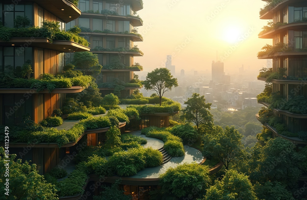 Fototapeta premium Vertical tiered buildings integrated with lush green gardens. City skyline view at sunset with trees and plants adorning balconies and terraces. Eco-friendly architecture in urban setting.