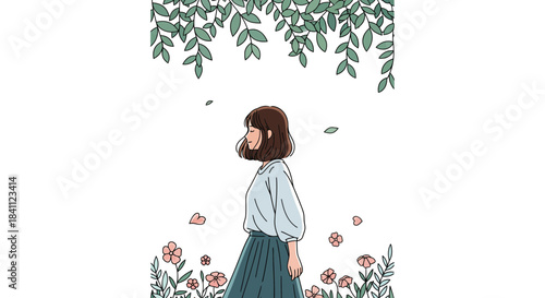 A young woman with short hair stands among green leaves and pink flowers, looking contemplatively to the side.