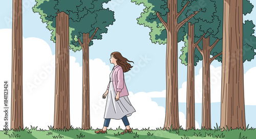 Young woman walking alone in a serene forest.