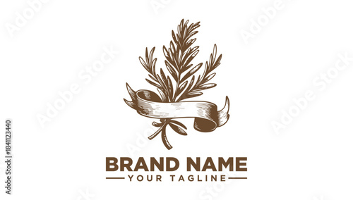 Elegant Rosemary Illustration Logo Vector with Ribbon, perfect for brands seeking a natural and sophisticated identity