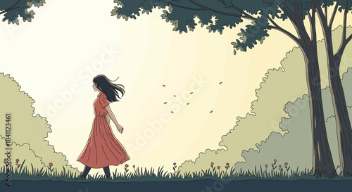 A young woman in a red dress walks through a sun-dappled forest with trees and foliage.