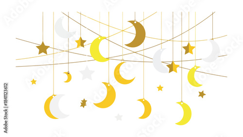 Celestial Dreamscape: A whimsical arrangement of golden moons and stars gracefully suspended, evoking a sense of enchantment and serenity.