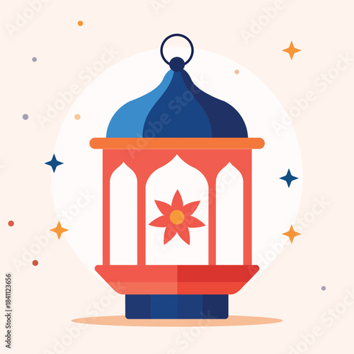 A clean flat-style illustration of an Islamic lantern in blue and red tones. Perfect for Ramadan banners, Islamic greeting cards, holiday decoration, and Middle Eastern-themed designs.