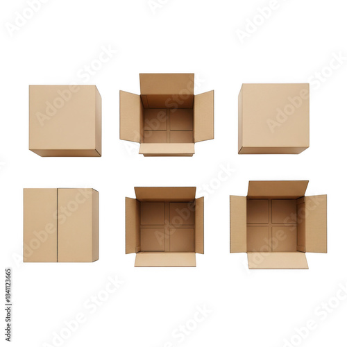 Box, open and closed, top view isolated on transparent background
