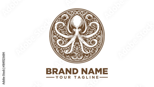 Ornate vintage octopus logo vector illustration in a classic circular design, featuring intricate marine life details for distinctive branding and creative projects