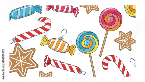 Sweet Assortment: A vibrant mix of candies, lollipops, and festive treats arranged in a delightful display of sugary goodness. A colorful array of sweetness and festive.