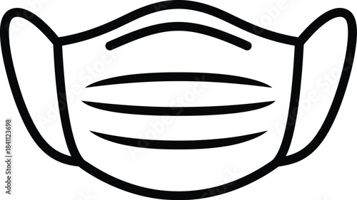 Simple line art icon of a disposable medical face mask with ear loops, isolated on white background.