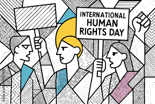 Human Rights Day concept art showing raised hands of different skin tones emerging from shadows into light, representing justice, freedom, and dignity, dramatic lighting, cinematic style