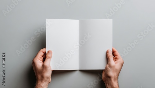 High quality photo of Hands holding open blank brochure on grey background