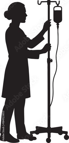 Healthcare worker silhouette managing an IV stand with a fluid bag