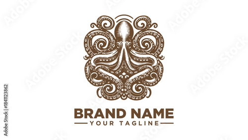Vintage Octopus Logo Vector Illustration - Ornate Nautical Emblem with Swirls and Tentacles