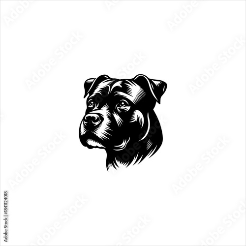 Pitbull head silhouette shaped into a strong black vector emblem design. Animal icon concept
