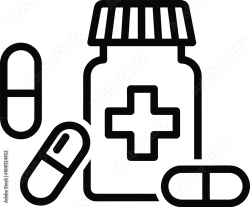 Medical bottle with pills and cross symbol, representing healthcare and pharmaceutical treatment, isolated outline icon