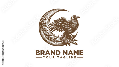 Vintage detailed eagle or hawk with crescent moon graphic logo vector illustration. Majestic bird of prey symbolizing power, freedom, and protection