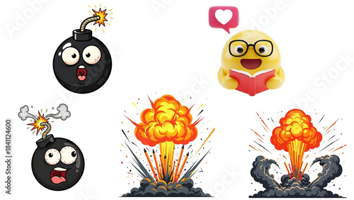 Cartoon bombs, powerful explosions, and a happy reading emoji graphic set