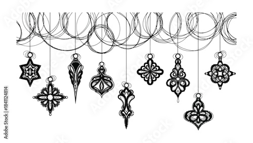 Ornate Ornaments: A delicate display of detailed, ornate ornaments hang elegantly, creating a visual symphony of artistic embellishment.