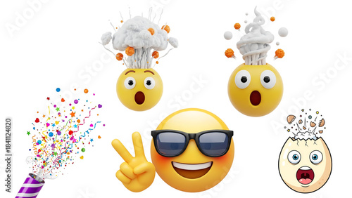 Collection of expressive emojis, peace sign, mind blown, and party popper