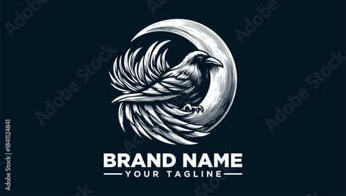 Mystical raven perched on crescent moon logo vector illustration. Elegant and dark fantasy avian emblem design concept