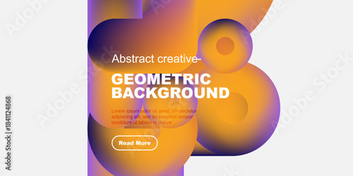 Abstract geometric background features vibrant orange, purple hues. Text includes sample lorem ipsum, button for more info.