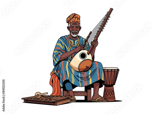 African Musician Playing Kora with Striped Robe and Hat Illustration