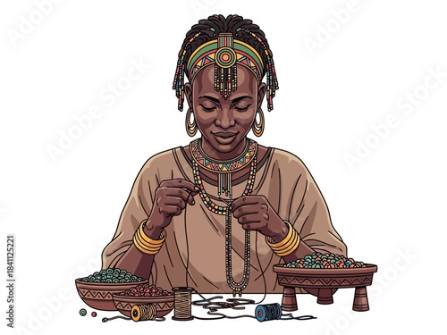 African Woman Crafting Beaded Jewelry with Traditional Attire and Beads